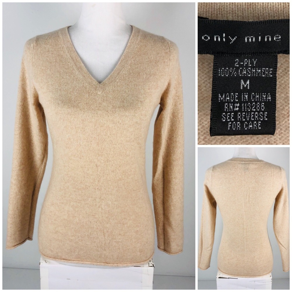 Only Mine Womens Medium Sweater 100% 2 Ply Cashmere Lightweight V Neck Soft